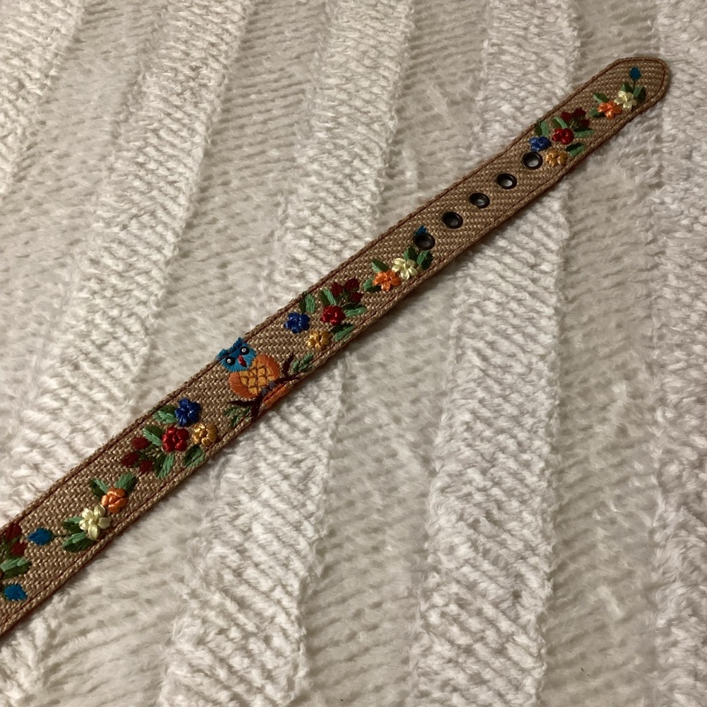 BEAUTIFUL Jute With Genuine Leather Brass Buckle Floral Owl Print Women’s Belt28 - Picture 5 of 9